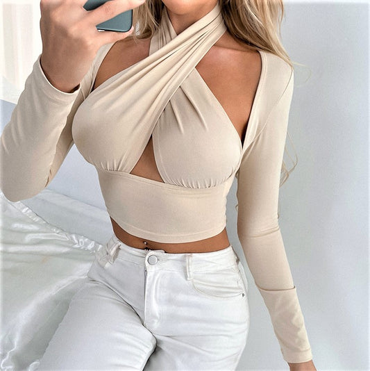 HannaClothingStore HannaClothingStore Women Blouse Cross-Neck Off Shoulder Sleeves Hollow Top