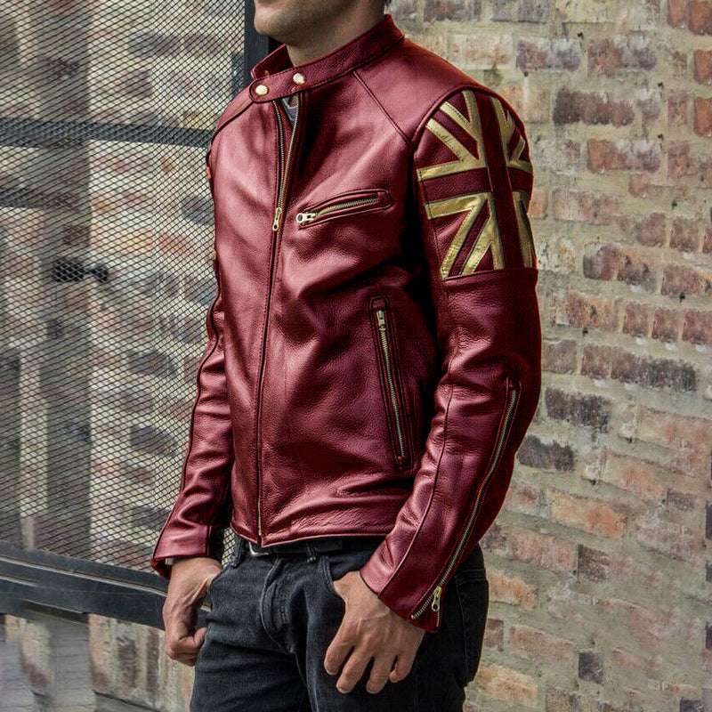 stand-up collar zip fit PU leather jacket