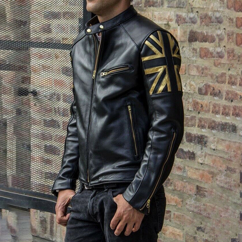 stand-up collar zip fit PU leather jacket
