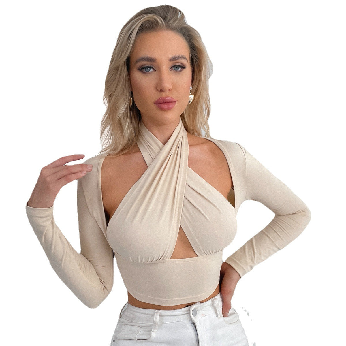 HannaClothingStore HannaClothingStore Women Blouse Cross-Neck Off Shoulder Sleeves Hollow Top