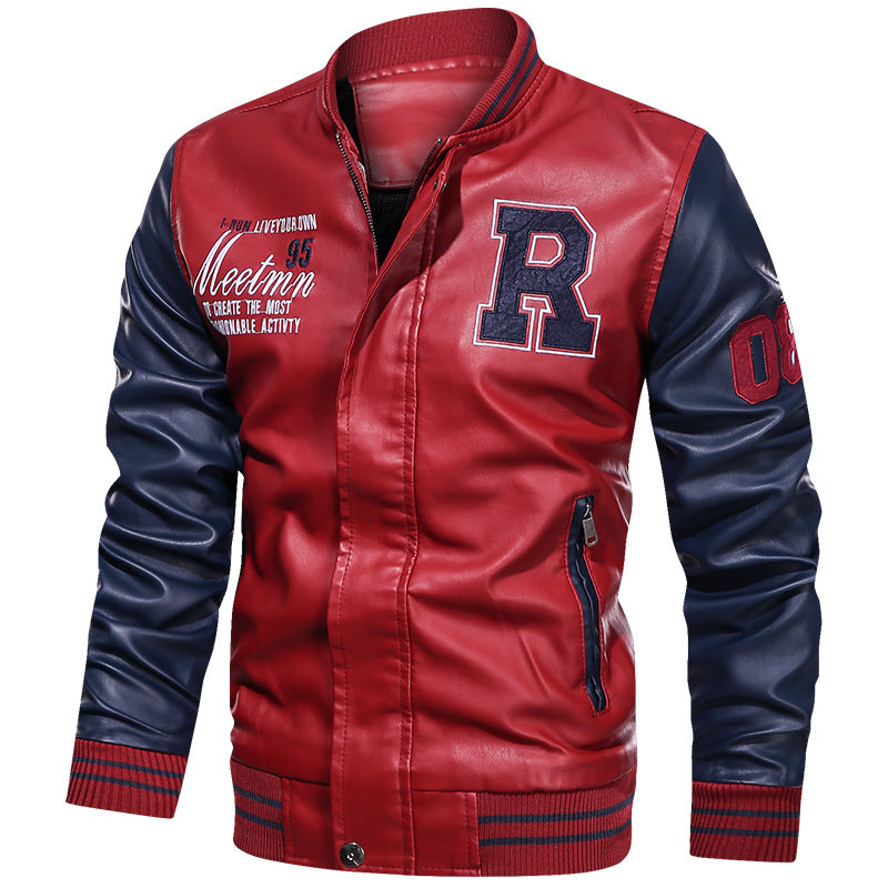 Baseball Jacket Plush PU Leather Men's Motorcycle Jacket