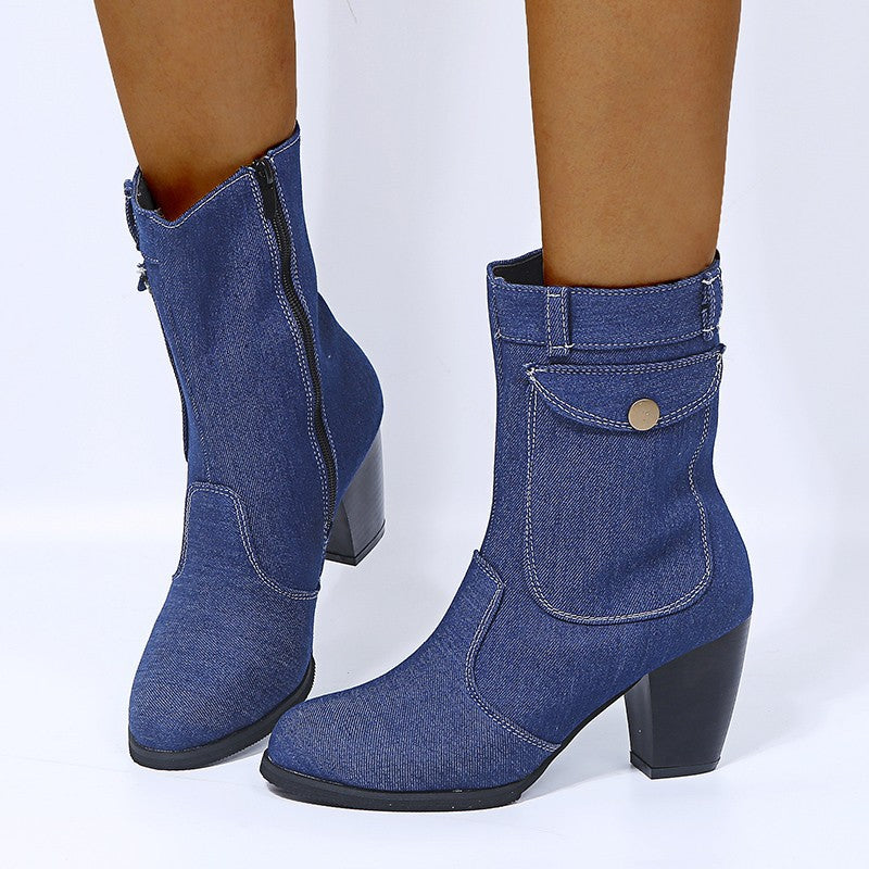HannaClothingStore HannaClothingStore Women Shoes High-heeled Denim Mid-leg Boots