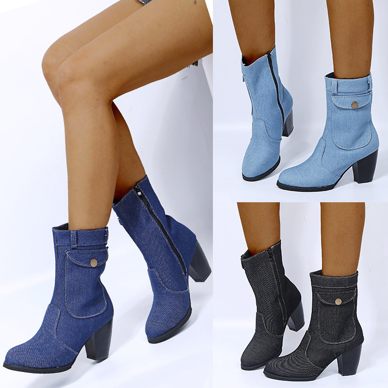 HannaClothingStore HannaClothingStore Women Shoes High-heeled Denim Mid-leg Boots