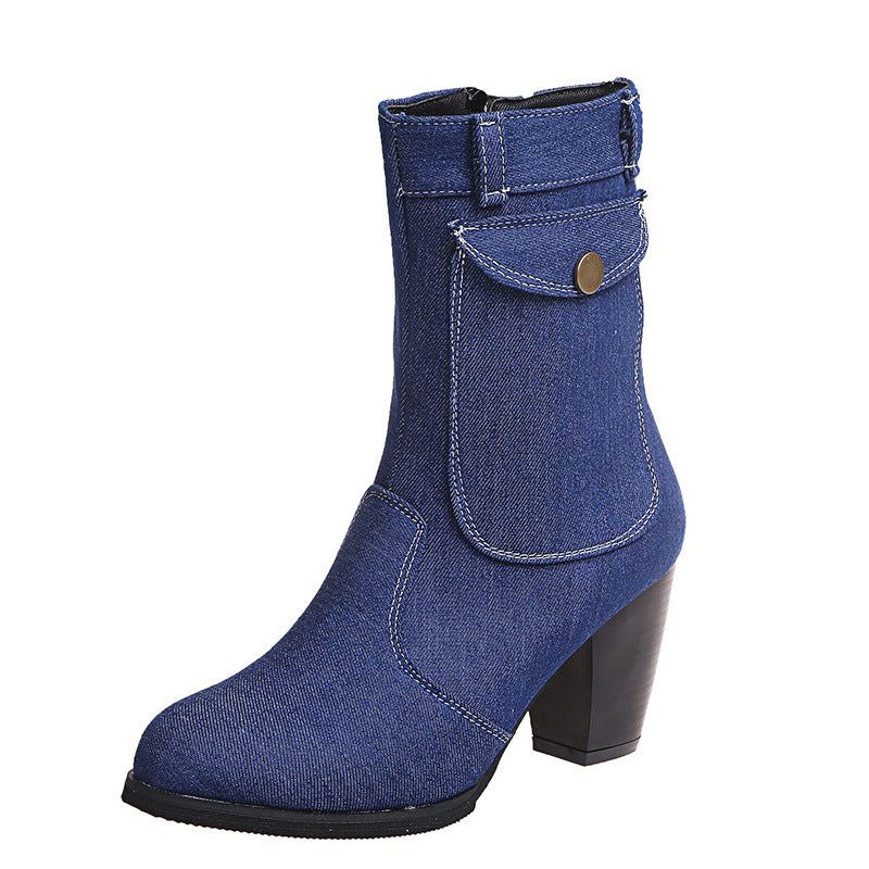 HannaClothingStore HannaClothingStore Women Shoes High-heeled Denim Mid-leg Boots