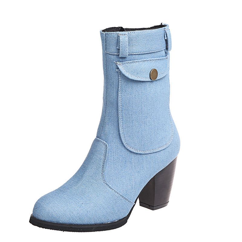 HannaClothingStore HannaClothingStore Women Shoes High-heeled Denim Mid-leg Boots