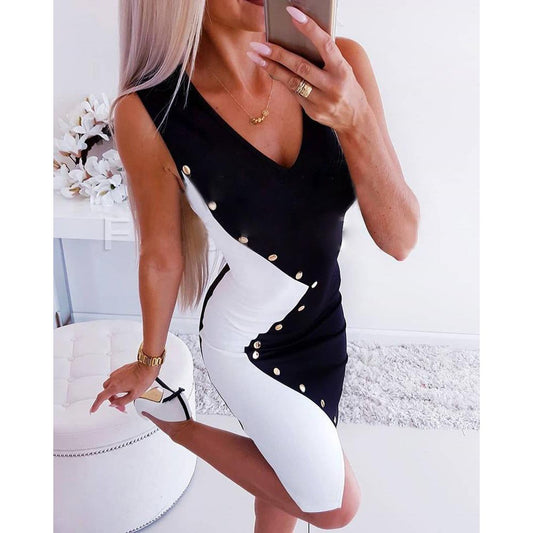 Sleeveless Contrasting V-Neck Skinny Dress