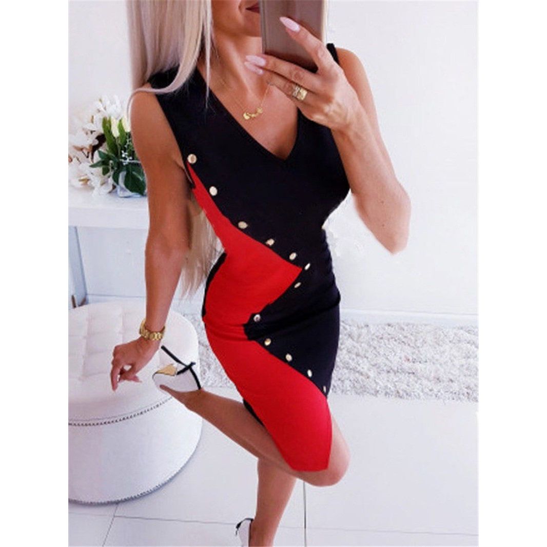 Sleeveless Contrasting V-Neck Skinny Dress