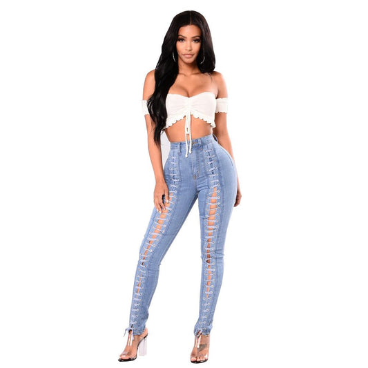 HannaClothingStore HannaClothingStore Women Jean Light Blue Bandage Corns Women's Jeans