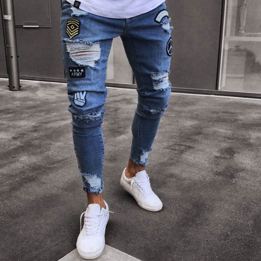 HannaClothingStore HannaClothingStore Men Jeans Knee hole zipper feet