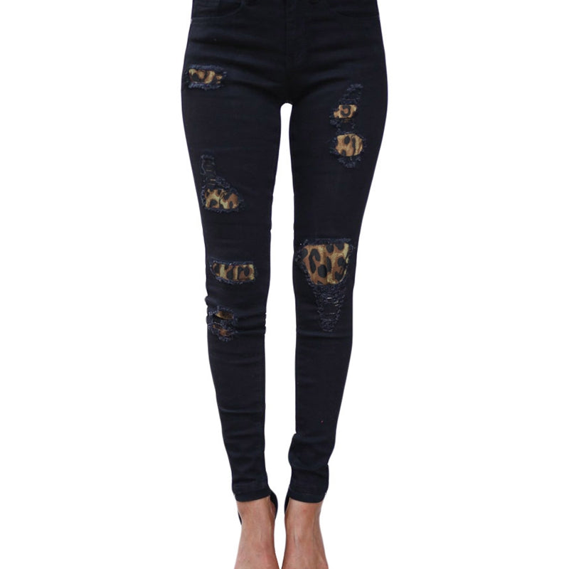 HannaClothingStore HannaClothingStore Women Jean Leopard-print ripped patch stretch jeans
