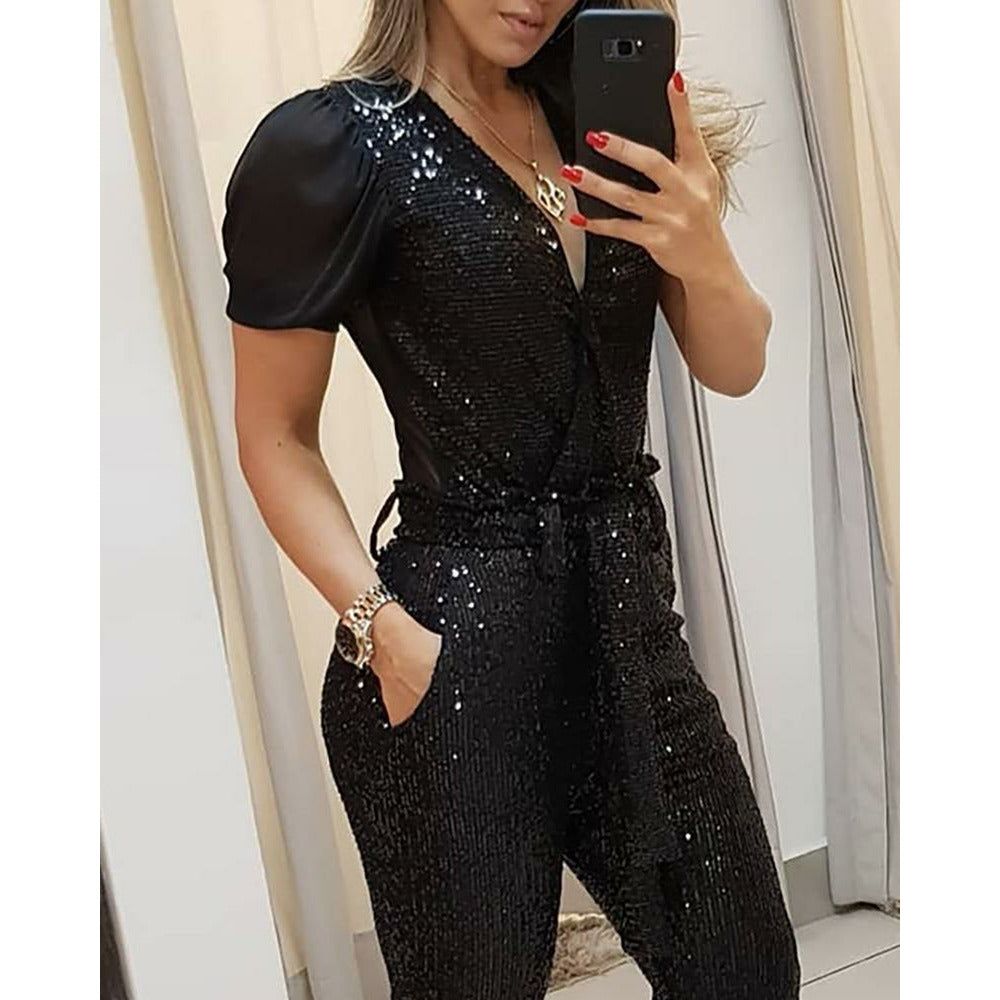 HannaClothingStore HannaClothingStore Women Jumpsuits Deep V sequined jumpsuit