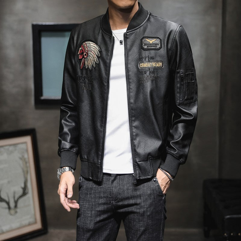 Leather Baseball Collar Embroidered Motorcycle Jacket