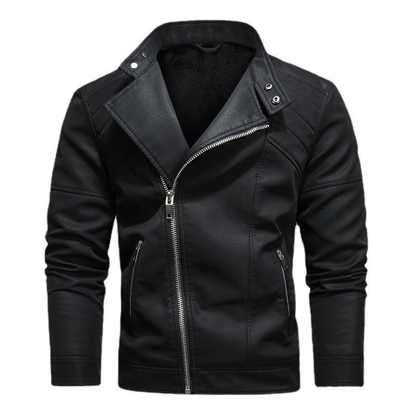 HannaClothingStore HannaClothingStore Men Jackets Leather Jacket with Oblique Zipper Large Lapel Collar