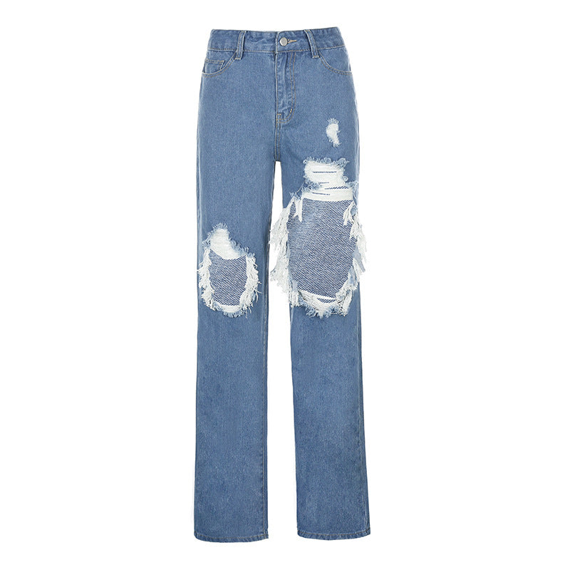 HannaClothingStore HannaClothingStore Women Jean Denim Straight High Waist Pocket Loose Casual Jean