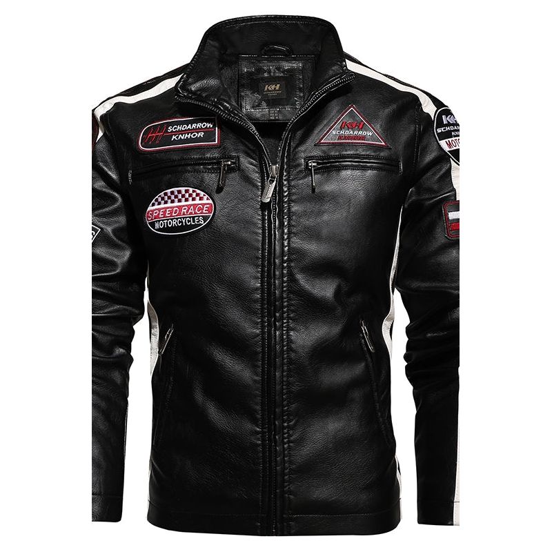 leather short embroidered lapel leather jacket