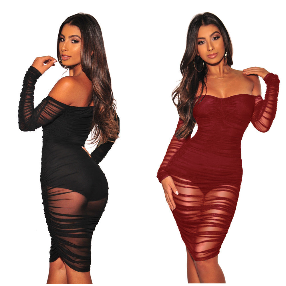 Mesh one-shoulder dress nightclub dress