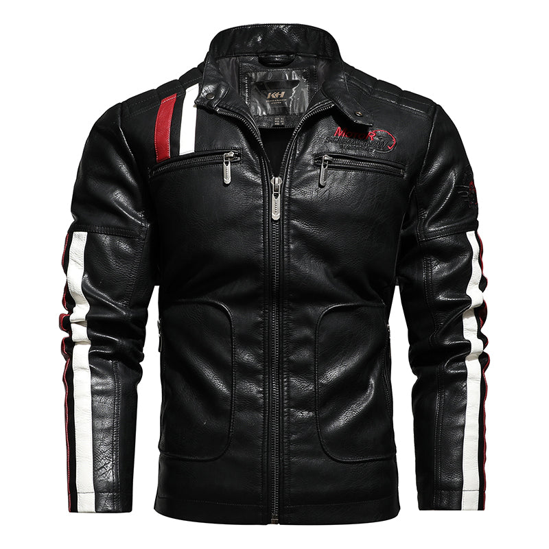 leather short embroidered lapel leather jacket