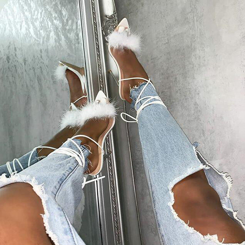Feather strap crystal high heels