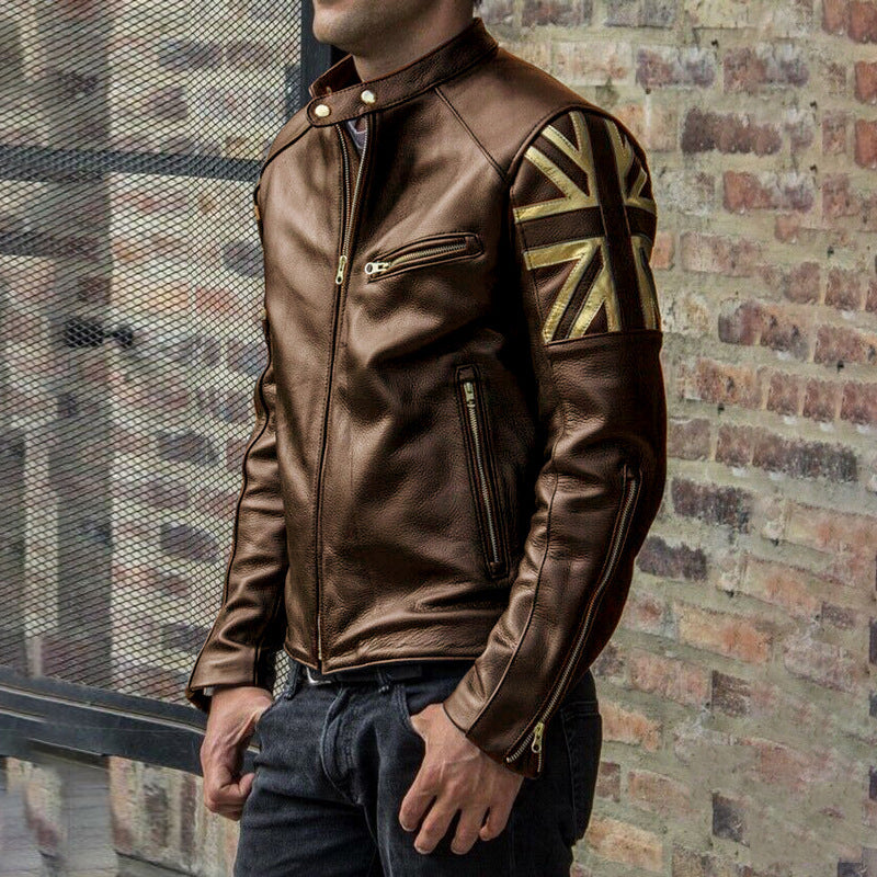 stand-up collar zip fit PU leather jacket