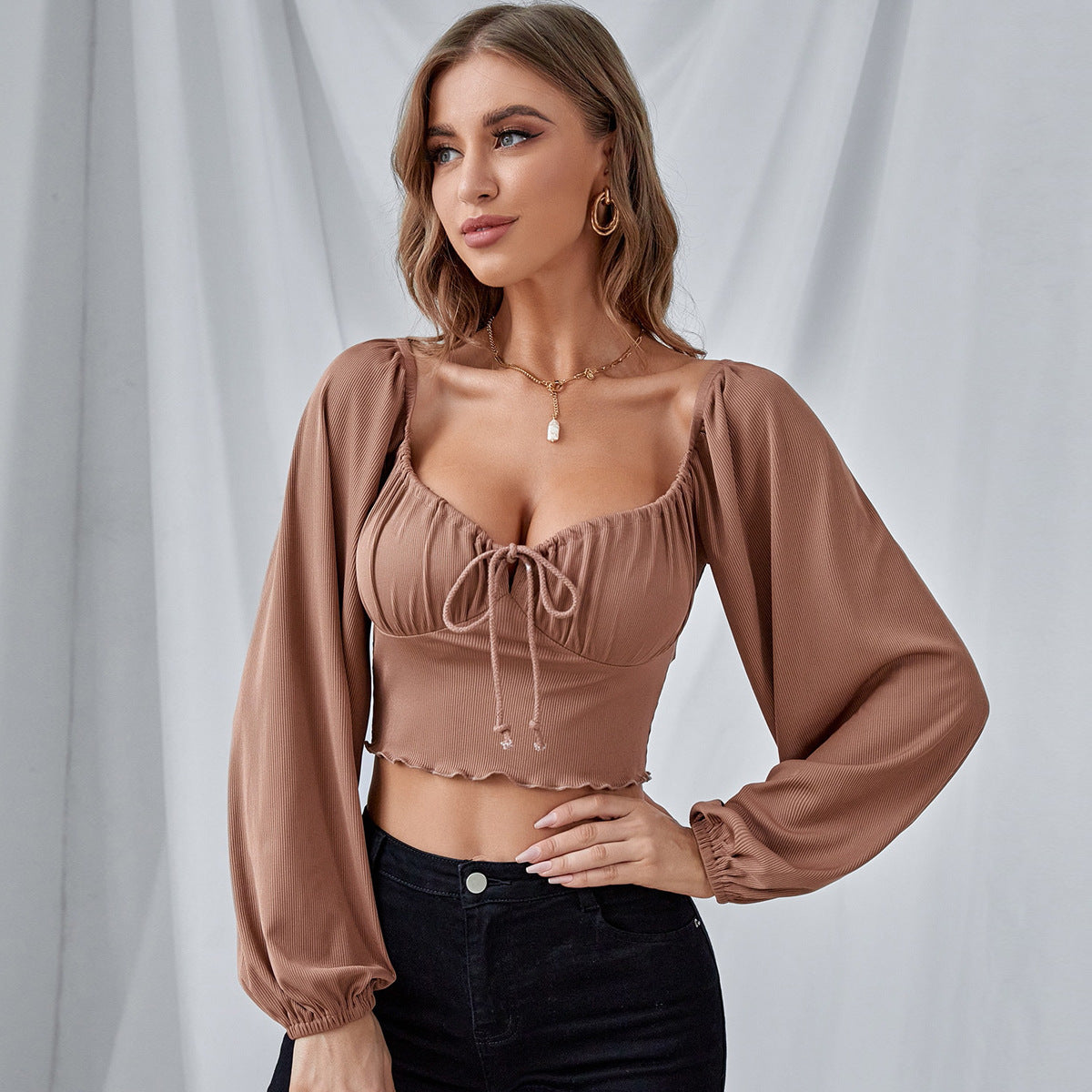 HannaClothingStore HannaClothingStore Women Blouse Lantern Long Sleeves Brown Top