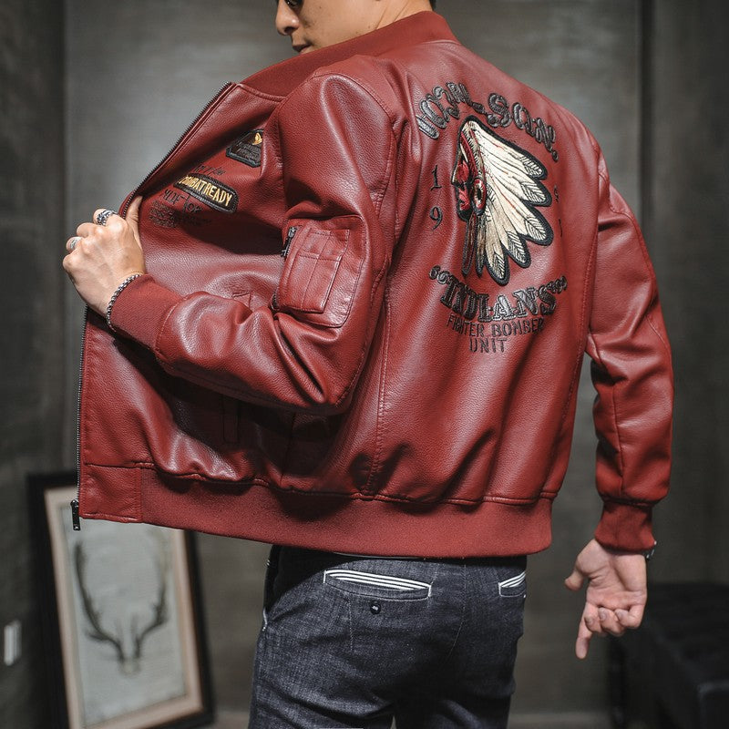 Leather Baseball Collar Embroidered Motorcycle Jacket