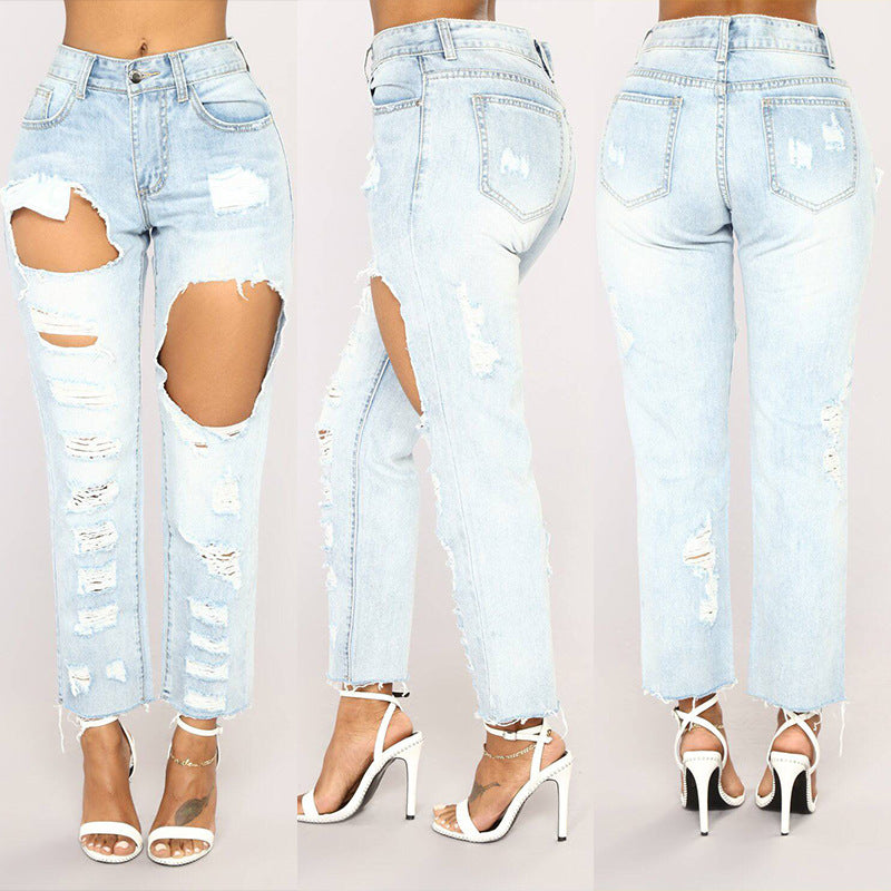 HannaClothingStore HannaClothingStore Women Jean Sexy exaggerated big hole to catch broken jeans