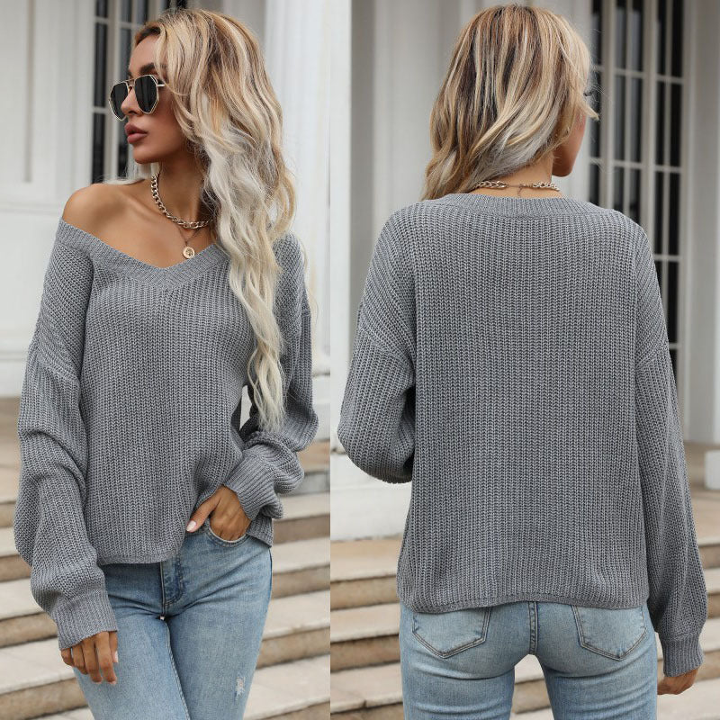 HannaClothingStore HannaClothingStore Women Jumpers Solid Color V-Neck Pullover Knit Bottoming Sweater