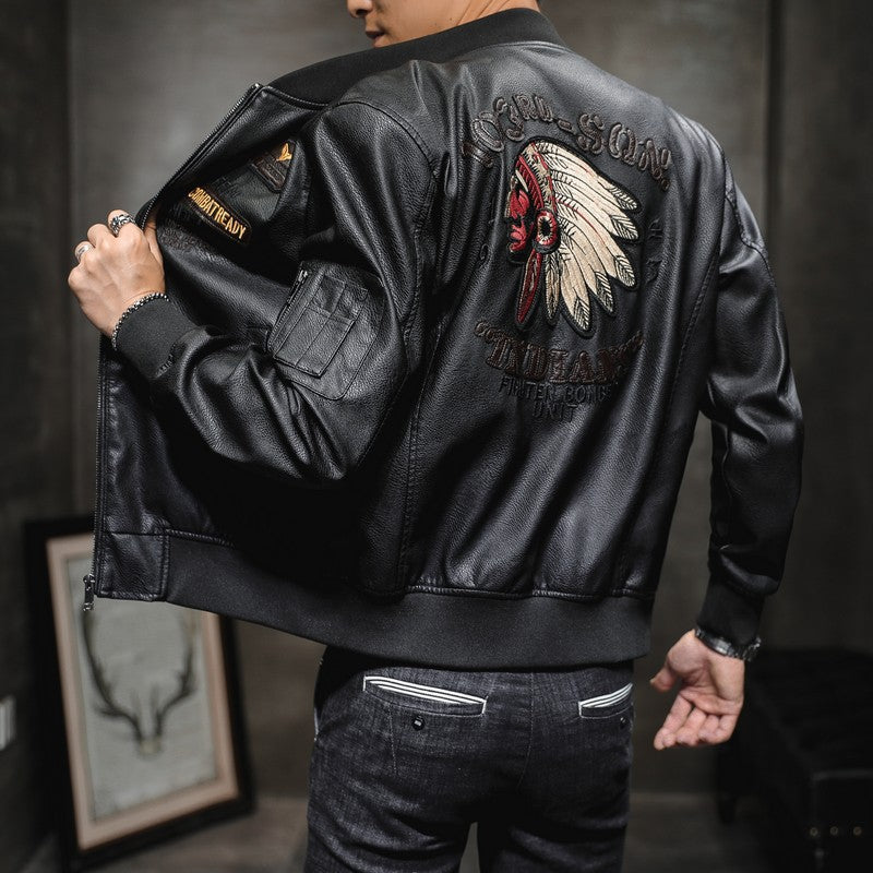 Leather Baseball Collar Embroidered Motorcycle Jacket