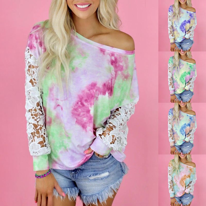 HannaClothingStore HannaClothingStore Women Blouse Tie-Dye Printed Long-Sleeved Lace Stitching Blouse