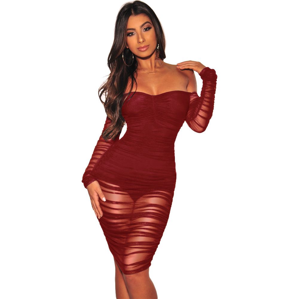 Mesh one-shoulder dress nightclub dress