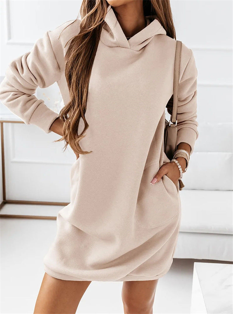 Fashion Hooded Long-sleeved Solid Color Women's Dress