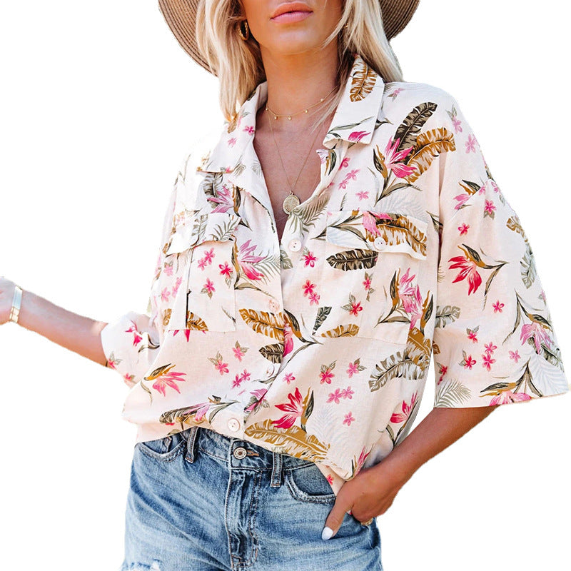 HannaClothingStore HannaClothingStore Women Blouse Casual Loose Shirt With Printed Lapel Sleeve Pockets