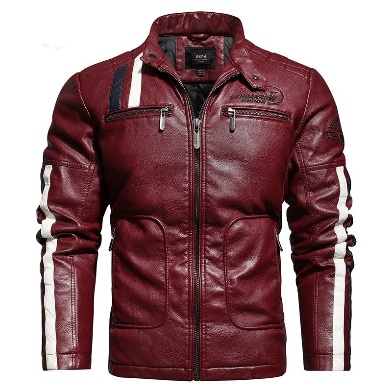 leather short embroidered lapel leather jacket