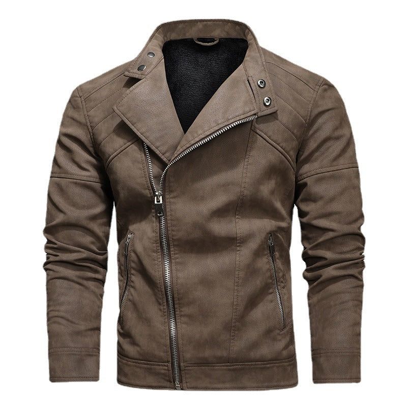 HannaClothingStore HannaClothingStore Men Jackets Leather Jacket with Oblique Zipper Large Lapel Collar