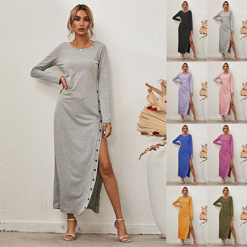 HannaClothingStore HannaClothingStore Women Dress Long Sleeve Casual Dress With Split Botton