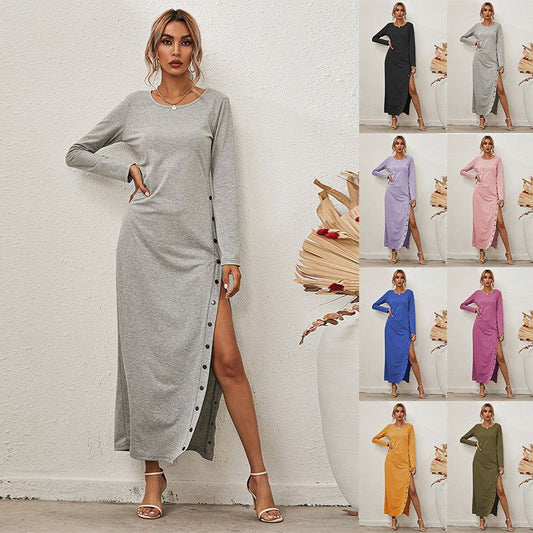 HannaClothingStore HannaClothingStore Women Dress Long Sleeve Casual Dress With Split Botton