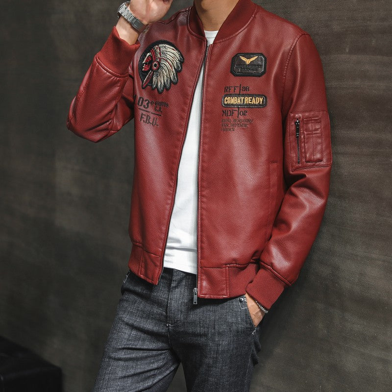Leather Baseball Collar Embroidered Motorcycle Jacket
