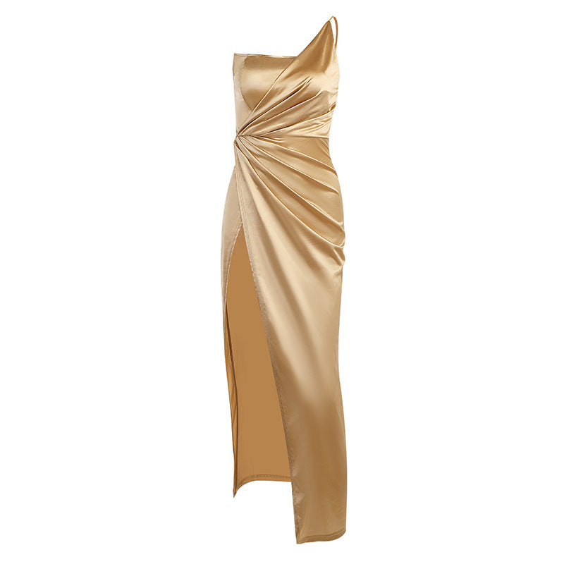 One-shoulder Fishbone Slit High-waisted Long Dress