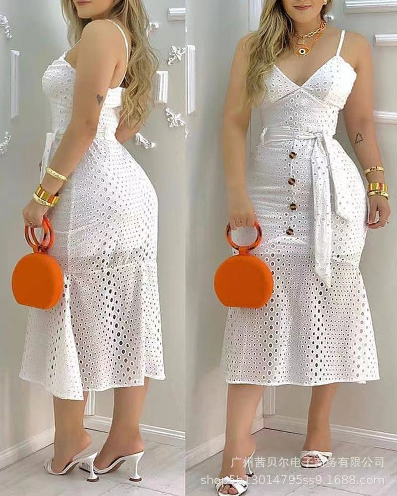 White Cutout Slip Dress  Belted Lined