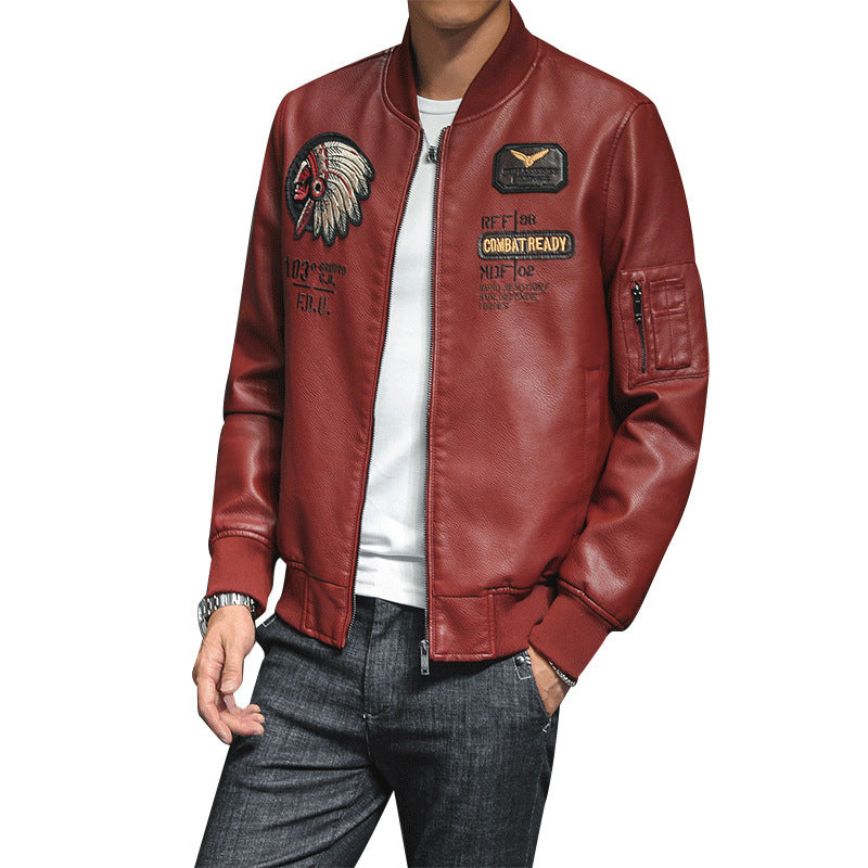 Leather Baseball Collar Embroidered Motorcycle Jacket