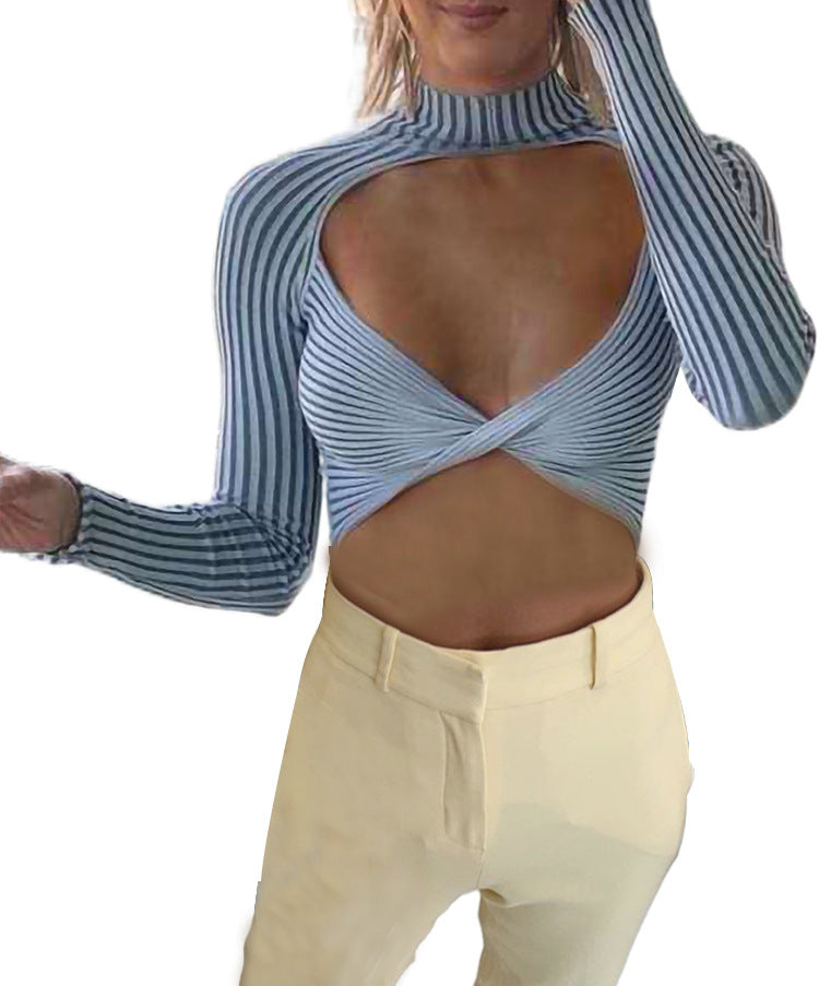 HannaClothingStore HannaClothingStore Women Blouse Bare Navel Slim Ultra Short Half Neck Long Sleeve