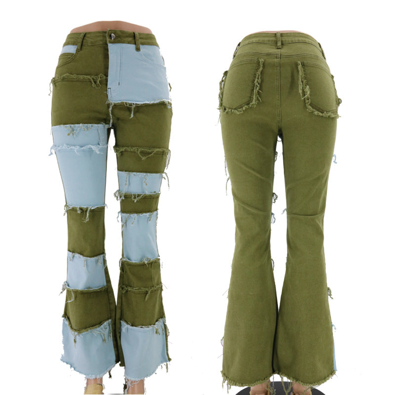 HannaClothingStore HannaClothingStore Women Jean Patchwork high-rise flared jeans